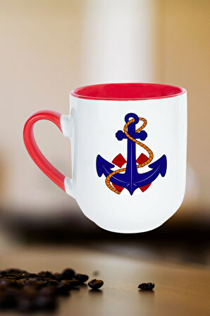 Denizci Çıpa Baskılı İçi Kırmızı Lüx Kupa Bardak Porselen Çay Kahve Fincanı-9