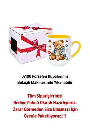 Yeni Yıl Oyuncak Ayı Teddy Bear Baskılı İçi Sarı Lüx Kupa Bardak Porselen Çay Kahve Fincanı