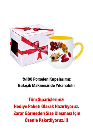 Romantik Sonbahar Baskılı İçi Sarı Lüx Kupa Bardak Porselen Çay Kahve Fincanı