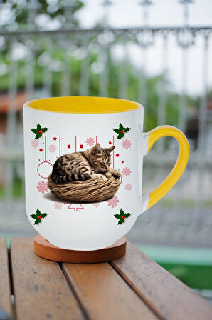 Yeni Yıl Uykucu Kedi Baskılı İçi Sarı Lüx Kupa Bardak Porselen Çay Kahve Fincanı