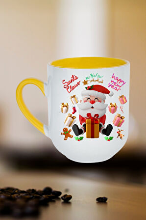 Noel Baba Happy Christmas Baskılı İçi Sarı Lüx Kupa Bardak Porselen Çay Kahve Fincanı