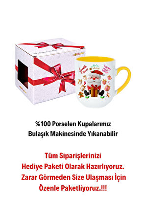 Noel Baba Happy Christmas Baskılı İçi Sarı Lüx Kupa Bardak Porselen Çay Kahve Fincanı