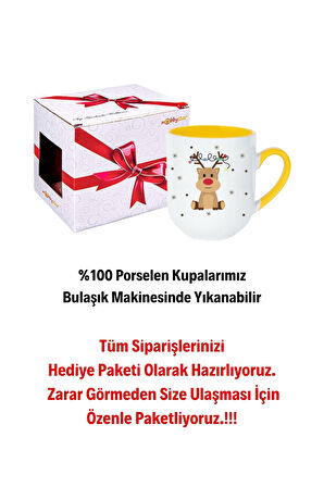 Yeni Yıl Geyik Kurabiye Baskılı İçi Sarı Lüx Kupa Bardak Porselen Çay Kahve Fincanı
