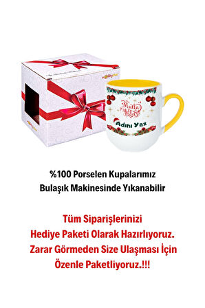 Kişiye Özel Yılbaşı İsim Baskılı İçi Sarı Lüx Kupa Bardak Porselen Çay Kahve Fincanı