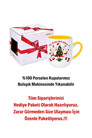 Yılbaşı Mutlu Yıllar Baskılı İçi Sarı Lüx Kupa Bardak Porselen Çay Kahve Fincanı