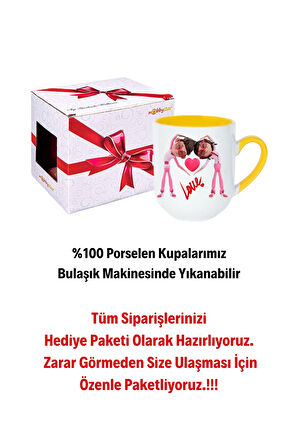 Mutlu Çiftler Love Baskılı Hediye İçi Sarı Lüx Kupa Bardak Porselen Çay Kahve Fincanı