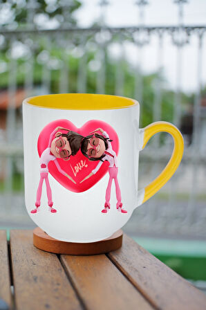 Mutlu Çiftler Love Kalp Baskılı Hediye İçi Sarı Lüx Kupa Bardak Porselen Çay Kahve Fincanı