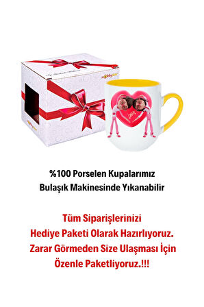 Mutlu Çiftler Love Kalp Baskılı Hediye İçi Sarı Lüx Kupa Bardak Porselen Çay Kahve Fincanı