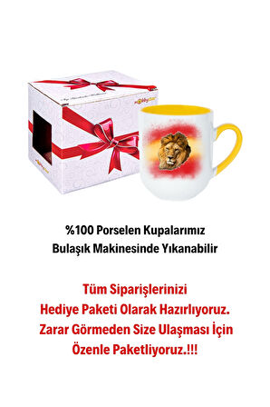 Taraftar Sarı Kırmızı Arslan Baskılı İçi Sarı Lüx Kupa Bardak Porselen Çay Kahve Fincanı