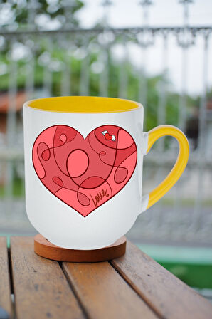 Love Kalp Baskılı İçi Sarı Lüx Kupa Bardak Porselen Çay Kahve Fincanı