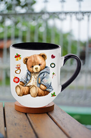 Yeni Yıl Oyuncak Ayı Teddy Bear Baskılı İçi Siyah Lüx Kupa Bardak Porselen Çay Kahve Fincanı