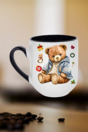 Yeni Yıl Oyuncak Ayı Teddy Bear Baskılı İçi Siyah Lüx Kupa Bardak Porselen Çay Kahve Fincanı