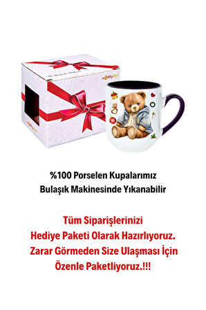 Yeni Yıl Oyuncak Ayı Teddy Bear Baskılı İçi Siyah Lüx Kupa Bardak Porselen Çay Kahve Fincanı