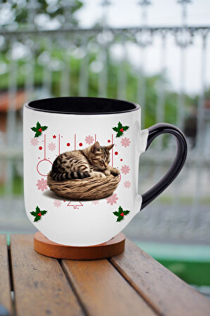 Yeni Yıl Uykucu Kedi Baskılı İçi Siyah Lüx Kupa Bardak Porselen Çay Kahve Fincanı