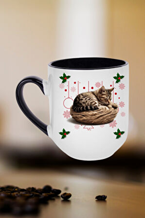 Yeni Yıl Uykucu Kedi Baskılı İçi Siyah Lüx Kupa Bardak Porselen Çay Kahve Fincanı