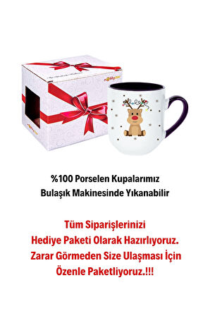 Yeni Yıl Geyik Kurabiye Baskılı İçi Siyah Lüx Kupa Bardak Porselen Çay Kahve Fincanı