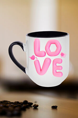 Love Baskılı Hediye İçi Siyah Lüx Kupa Bardak Porselen Çay Kahve Fincanı