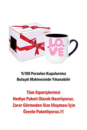Love Baskılı Hediye İçi Siyah Lüx Kupa Bardak Porselen Çay Kahve Fincanı