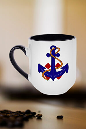 Denizci Çıpa Baskılı İçi Siyah Lüx Kupa Bardak Porselen Çay Kahve Fincanı-9