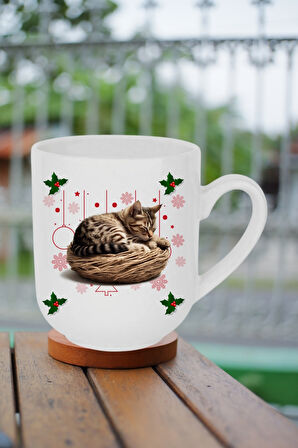 Yeni Yıl Uykucu Kedi Baskılı Lüx Kupa Bardak Porselen Çay Kahve Fincanı