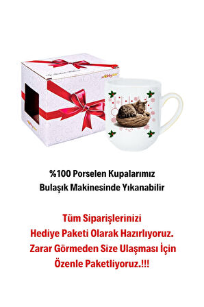 Yeni Yıl Uykucu Kedi Baskılı Lüx Kupa Bardak Porselen Çay Kahve Fincanı