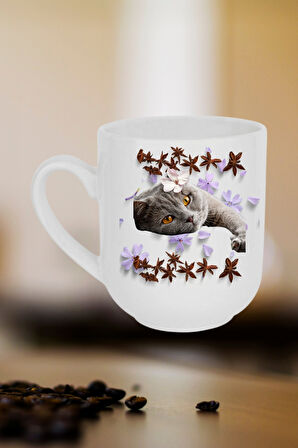 Sevimli Kedi Baskılı Lüx Kupa Bardak Porselen Çay Kahve Fincanı
