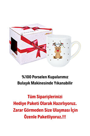 Yeni Yıl Geyik Kurabiye Baskılı Lüx Kupa Bardak Porselen Çay Kahve Fincanı