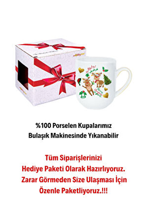 Yılbaşı Geyikli Kurabiye Baskılı Lüx Kupa Bardak Porselen Çay Kahve Fincanı