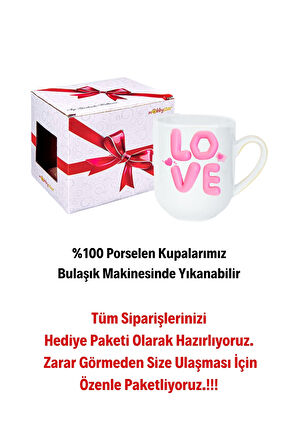 Love Baskılı Hediye İçi Beyaz Lüx Kupa Bardak Porselen Çay Kahve Fincanı