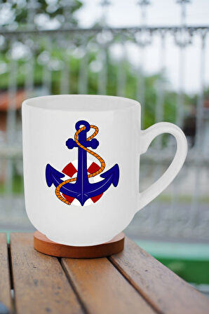 Denizci Çıpa Baskılı İçi Beyaz Lüx Kupa Bardak Porselen Çay Kahve Fincanı-9