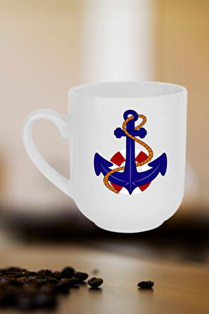 Denizci Çıpa Baskılı İçi Beyaz Lüx Kupa Bardak Porselen Çay Kahve Fincanı-9