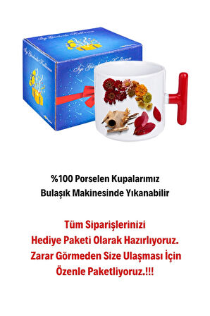 Romantik Sonbahar Baskılı Kırmızı T Saplı Kupa Bardak Porselen Çay Kahve Fincanı