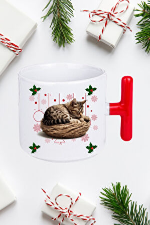 Yeni Yıl Uykucu Kedi Baskılı Kırmızı T Saplı Kupa Bardak Porselen Çay Kahve Fincanı