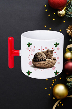 Yeni Yıl Uykucu Kedi Baskılı Kırmızı T Saplı Kupa Bardak Porselen Çay Kahve Fincanı