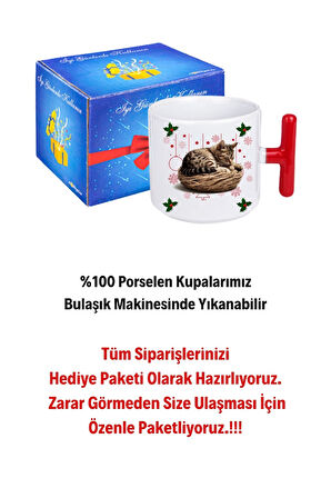Yeni Yıl Uykucu Kedi Baskılı Kırmızı T Saplı Kupa Bardak Porselen Çay Kahve Fincanı