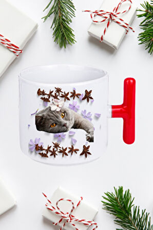 Sevimli Kedi Baskılı Kırmızı T Saplı Kupa Bardak Porselen Çay Kahve Fincanı