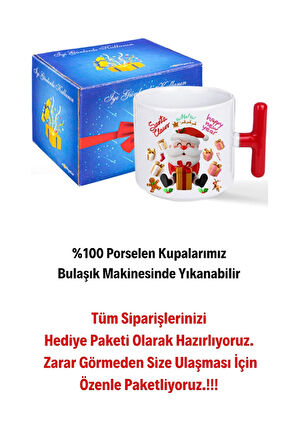 Noel Baba Happy Christmas Baskılı Kırmızı T Saplı Kupa Bardak Porselen Çay Kahve Fincanı