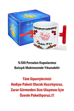 Kişiye Özel Yılbaşı İsim Baskılı Kırmızı T Saplı Kupa Bardak Porselen Çay Kahve Fincanı