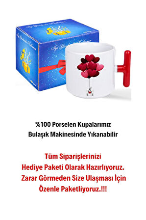 Uçan Kalpler Baskılı Kırmızı T Saplı Kupa Bardak Porselen Çay Kahve Fincanı Hediye