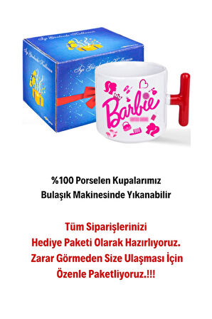 Enter Mode Barbie Baskılı Kırmızı T Saplı Kupa Bardak Porselen Çay Kahve Fincanı