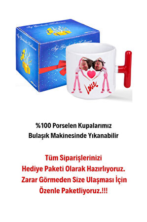 Mutlu Çiftler Love Baskılı Hediye Kırmızı T Saplı Kupa Bardak Porselen Çay Kahve Fincanı
