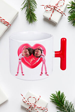 Mutlu Çiftler Love Kalp Baskılı Hediye Kırmızı T Saplı Kupa Bardak Porselen Çay Kahve Fincanı
