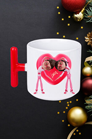 Mutlu Çiftler Love Kalp Baskılı Hediye Kırmızı T Saplı Kupa Bardak Porselen Çay Kahve Fincanı