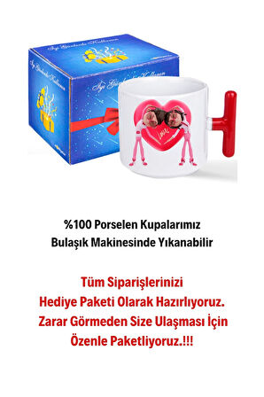 Mutlu Çiftler Love Kalp Baskılı Hediye Kırmızı T Saplı Kupa Bardak Porselen Çay Kahve Fincanı