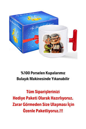 Yaşlı Çift Ömür Boyu Baskılı Hediye Kırmızı T Saplı Kupa Bardak Porselen Çay Kahve Fincanı
