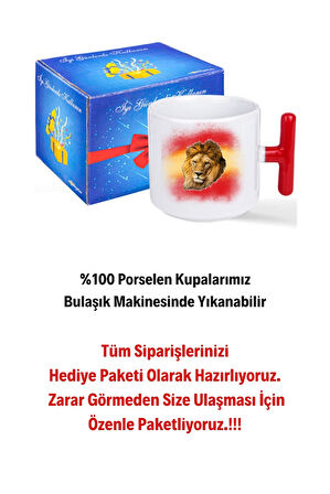 Taraftar Sarı Kırmızı Arslan Baskılı Kırmızı T Saplı Kupa Bardak Porselen Çay Kahve Fincanı