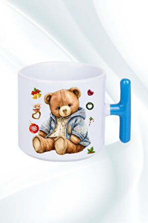 Yeni Yıl Oyuncak Ayı Teddy Bear Baskılı T Saplı Kupa Bardak Porselen Çay Kahve Fincanı