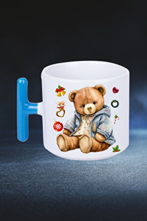 Yeni Yıl Oyuncak Ayı Teddy Bear Baskılı T Saplı Kupa Bardak Porselen Çay Kahve Fincanı