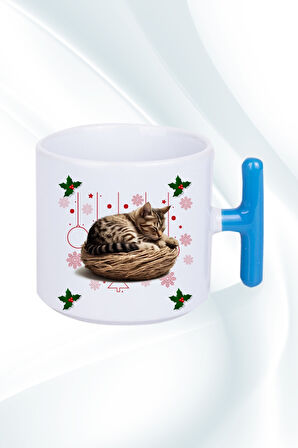 Yeni Yıl Uykucu Kedi Baskılı T Saplı Kupa Bardak Porselen Çay Kahve Fincanı