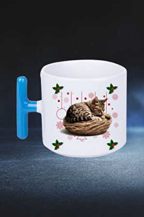 Yeni Yıl Uykucu Kedi Baskılı T Saplı Kupa Bardak Porselen Çay Kahve Fincanı
